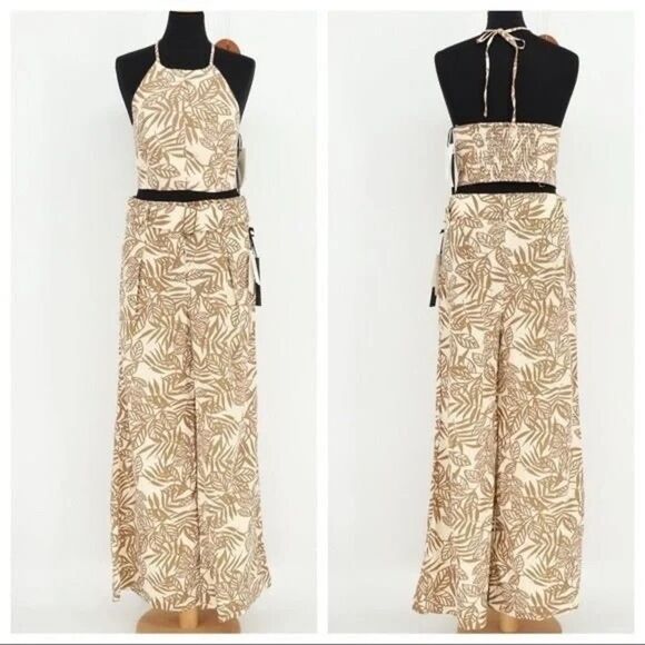 NWOT House of Harlow 1960 Linen Brown/Cream Halter Top & Wide Leg Pants Set Sz 4 - Picture 1 of 16